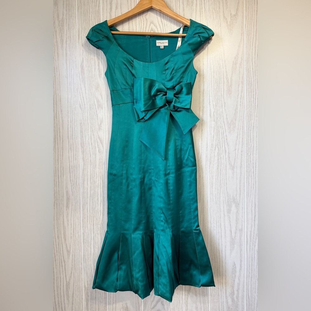 Karen Millen Teal Satin Bow Front Mermaid Dress Size US 4 - Picture 3 of 5